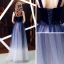 Elegant Royal Blue Gradient-Color Suede Evening Dresses  2019 A-Line / Princess Shoulders Sleeveless Sash Floor-Length / Long Ruffle Backless Formal Dresses