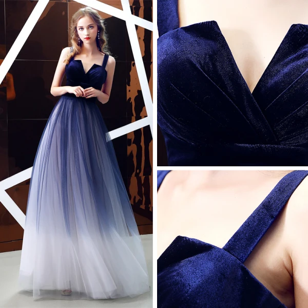 Elegant Royal Blue Gradient-Color Suede Evening Dresses  2019 A-Line / Princess Shoulders Sleeveless Sash Floor-Length / Long Ruffle Backless Formal Dresses