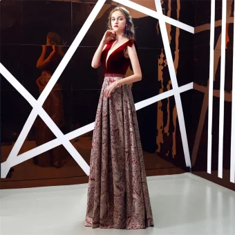 Chic Beautiful Burgundy Jacquard Suede Evening Dresses 2019 A Line Princess Deep V Neck Sleeveless Beading Sash Floor Length Long Ruffle Backless Formal Dresses