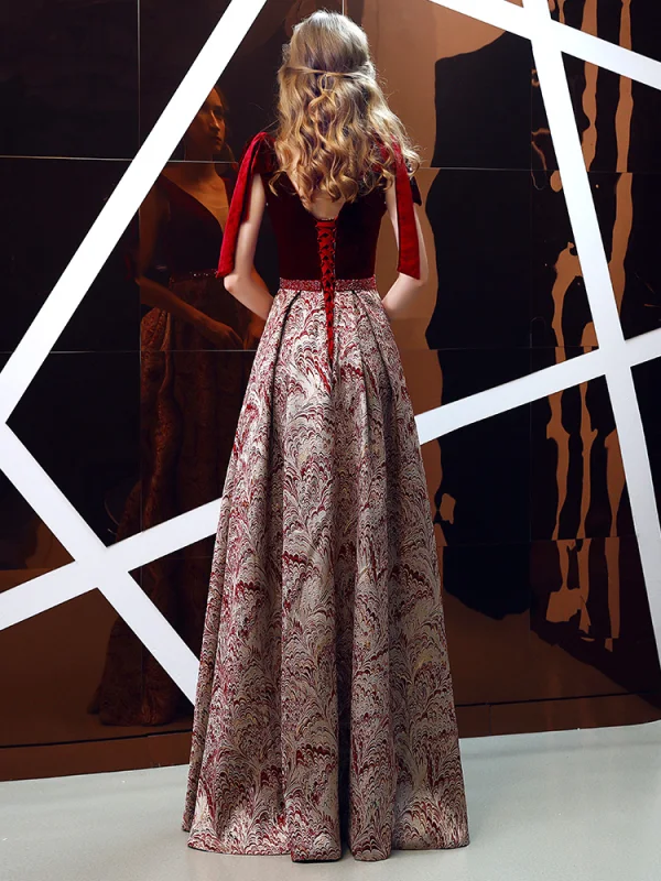 Chic / Beautiful Burgundy Jacquard Suede Evening Dresses 2019 A-Line / Princess Deep V-Neck Sleeveless Beading Sash Floor-Length / Long Ruffle Backless Formal Dresses
