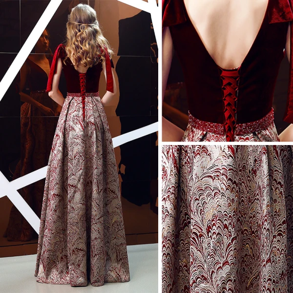 Chic / Beautiful Burgundy Jacquard Suede Evening Dresses 2019 A-Line / Princess Deep V-Neck Sleeveless Beading Sash Floor-Length / Long Ruffle Backless Formal Dresses