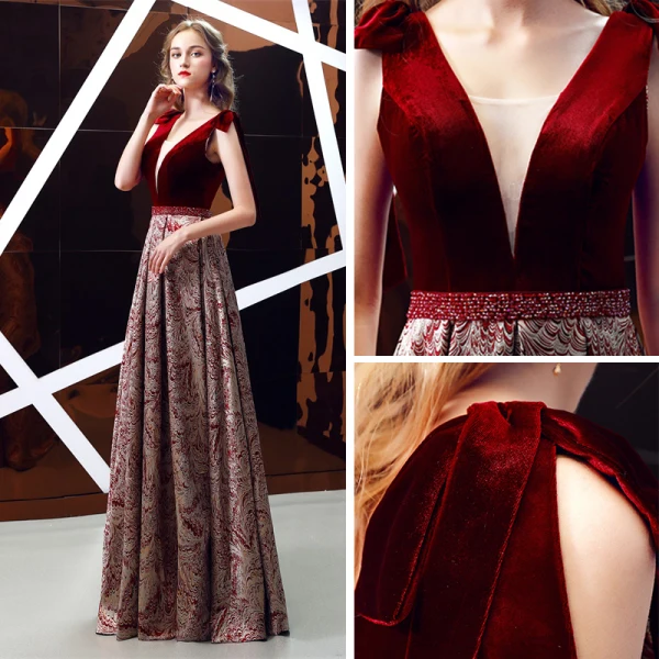 Chic / Beautiful Burgundy Jacquard Suede Evening Dresses 2019 A-Line / Princess Deep V-Neck Sleeveless Beading Sash Floor-Length / Long Ruffle Backless Formal Dresses