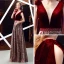 Chic / Beautiful Burgundy Jacquard Suede Evening Dresses  2019 A-Line / Princess Deep V-Neck Sleeveless Beading Sash Floor-Length / Long Ruffle Backless Formal Dresses