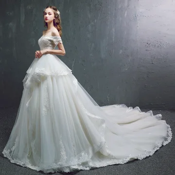 Chic Beautiful Champagne Wedding Dresses 2019 A Line Princess Off The Shoulder Short Sleeve Backless Appliques Lace Beading Pearl Chapel Train Ruffle