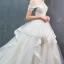 Schöne Champagner Brautkleider / Hochzeitskleider 2019 A Linie Off Shoulder Kurze Ärmel Rückenfreies Applikationen Spitze Perlenstickerei Perle Kapelle-Schleppe Rüschen