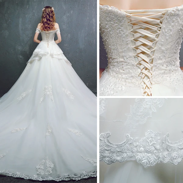 Schöne Champagner Brautkleider / Hochzeitskleider 2019 A Linie Off Shoulder Kurze Ärmel Rückenfreies Applikationen Spitze Perlenstickerei Perle Kapelle-Schleppe Rüschen