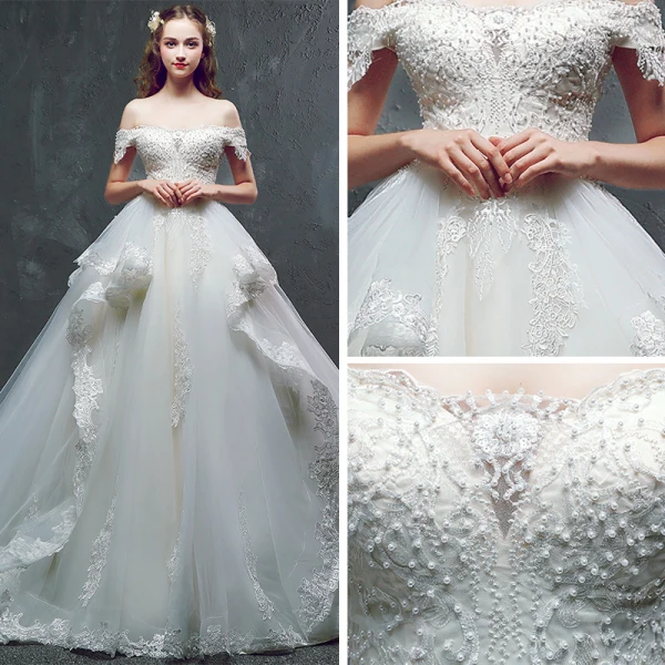 Schöne Champagner Brautkleider / Hochzeitskleider 2019 A Linie Off Shoulder Kurze Ärmel Rückenfreies Applikationen Spitze Perlenstickerei Perle Kapelle-Schleppe Rüschen