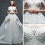 Schöne Champagner Brautkleider / Hochzeitskleider 2019 A Linie Off Shoulder Kurze Ärmel Rückenfreies Applikationen Spitze Perlenstickerei Perle Kapelle-Schleppe Rüschen
