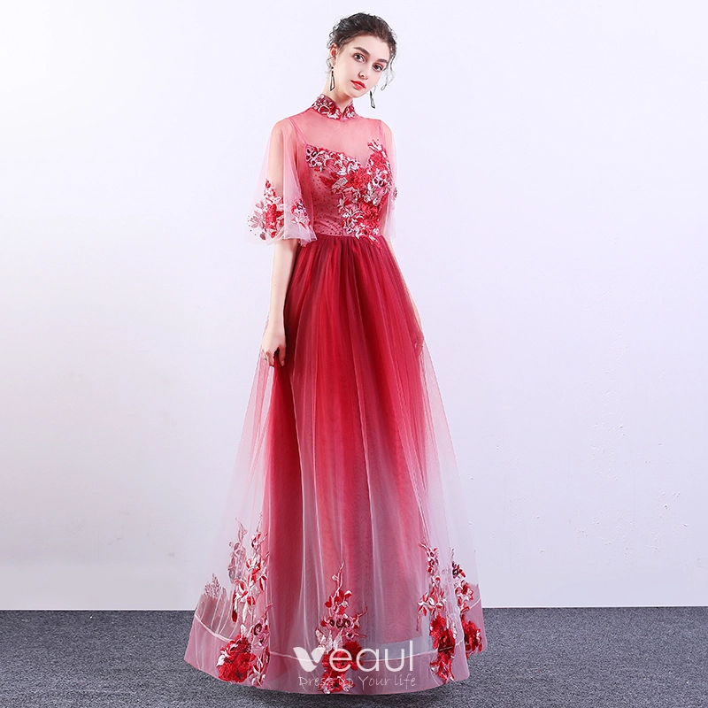 Style Chinois Rouge Degrade De Couleur Transparentes Robe De Soiree 2019 Princesse Col Haut Manches de cloche Appliques En Dentelle Faux Diamant Longue Volants Robe De Ceremonie