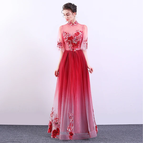 Chinese style Red Gradient-Color See-through Evening Dresses  2019 A-Line / Princess High Neck Bell sleeves Appliques Lace Rhinestone Floor-Length / Long Ruffle Formal Dresses