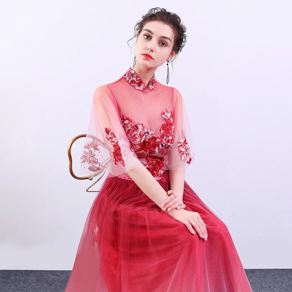 Chinese style Red Gradient-Color See-through Evening Dresses  2019 A-Line / Princess High Neck Bell sleeves Appliques Lace Rhinestone Floor-Length / Long Ruffle Formal Dresses