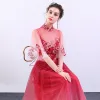 Chiński Styl Czerwone Gradient-Kolorów Przezroczyste Sukienki Wieczorowe 2019 Princessa Wysokiej Szyi Rękawy z dzwoneczkami Aplikacje Z Koronki Rhinestone Długie Wzburzyć Sukienki Wizytowe