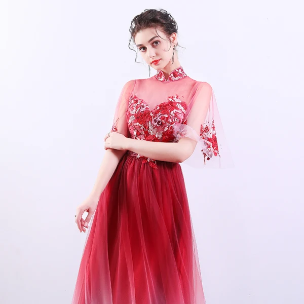 Chinese style Red Gradient-Color See-through Evening Dresses  2019 A-Line / Princess High Neck Bell sleeves Appliques Lace Rhinestone Floor-Length / Long Ruffle Formal Dresses