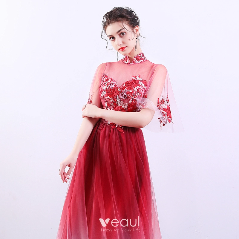 Style Chinois Rouge Degrade De Couleur Transparentes Robe De Soiree 2019 Princesse Col Haut Manches de cloche Appliques En Dentelle Faux Diamant Longue Volants Robe De Ceremonie
