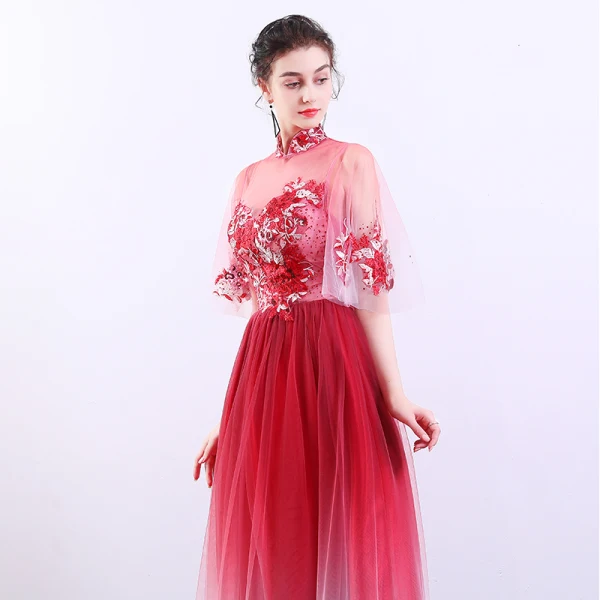 Chinese style Red Gradient-Color See-through Evening Dresses  2019 A-Line / Princess High Neck Bell sleeves Appliques Lace Rhinestone Floor-Length / Long Ruffle Formal Dresses
