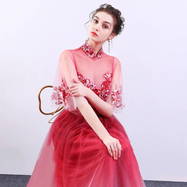 Chinese style Red Gradient-Color See-through Evening Dresses  2019 A-Line / Princess High Neck Bell sleeves Appliques Lace Rhinestone Floor-Length / Long Ruffle Formal Dresses
