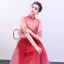 Chinese style Red Gradient-Color See-through Evening Dresses  2019 A-Line / Princess High Neck Bell sleeves Appliques Lace Rhinestone Floor-Length / Long Ruffle Formal Dresses