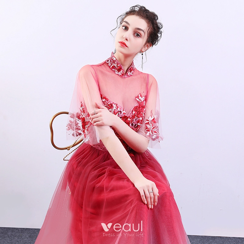 Style Chinois Rouge Degrade De Couleur Transparentes Robe De Soiree 2019 Princesse Col Haut Manches de