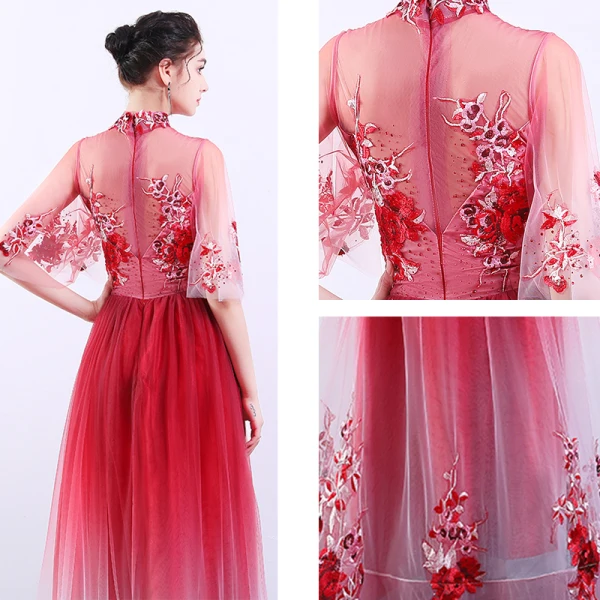 Chinese style Red Gradient-Color See-through Evening Dresses  2019 A-Line / Princess High Neck Bell sleeves Appliques Lace Rhinestone Floor-Length / Long Ruffle Formal Dresses