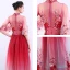Chinese style Red Gradient-Color See-through Evening Dresses  2019 A-Line / Princess High Neck Bell sleeves Appliques Lace Rhinestone Floor-Length / Long Ruffle Formal Dresses