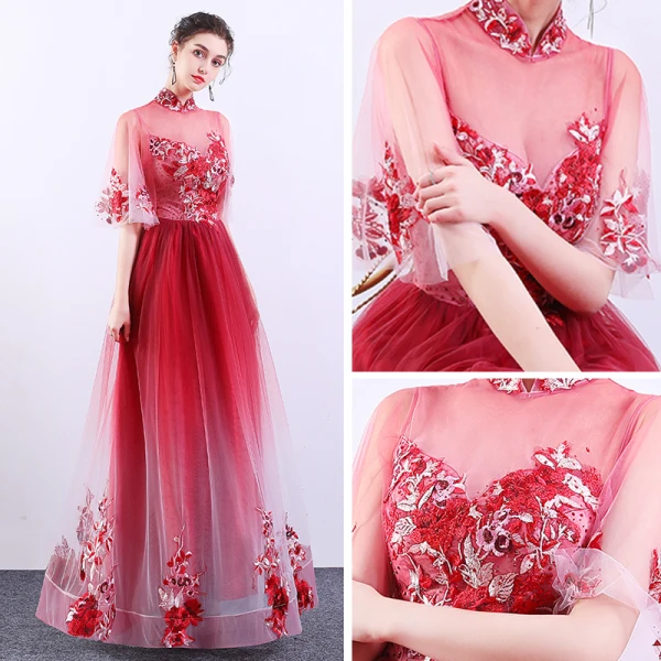 Chinese style Red Gradient-Color See-through Evening Dresses  2019 A-Line / Princess High Neck Bell sleeves Appliques Lace Rhinestone Floor-Length / Long Ruffle Formal Dresses