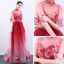 Chinese style Red Gradient-Color See-through Evening Dresses  2019 A-Line / Princess High Neck Bell sleeves Appliques Lace Rhinestone Floor-Length / Long Ruffle Formal Dresses