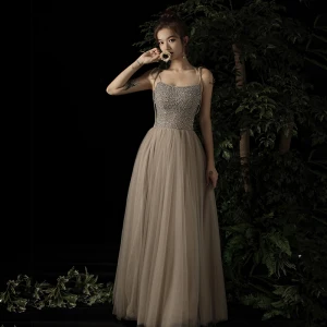 Charming Champagne Evening Dresses 2019 A Line Princess Spaghetti Straps Sleeveless Beading Floor Length Long Ruffle Backless Formal Dresses