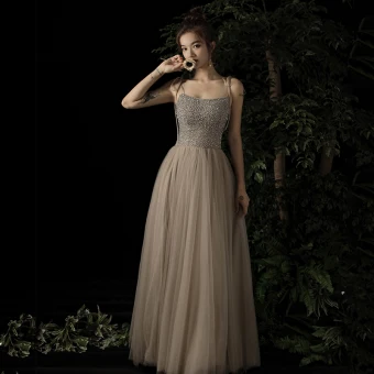 Charming Champagne Evening Dresses 2019 A Line Princess Spaghetti Straps Sleeveless Beading Floor Length Long Ruffle Backless Formal Dresses