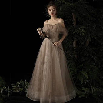 Elegante Champagne Avondjurken 2019 A Lijn Uit De Schouder Spaghettibandjes Korte Mouwen Kralen Glans Tule Lange Ruche Ruglooze Gelegenheid Jurken