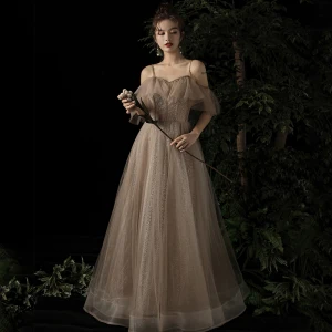 Elegante Champagner Abendkleider 2019 A Linie Off Shoulder Spaghettiträger Kurze Ärmel Perlenstickerei Glanz Tülle Lange Rüschen Rückenfreies Festliche Kleider