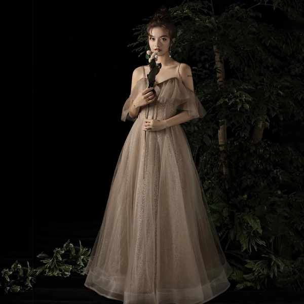 Élégant Champagne Robe De Soirée 2019 Princesse De l'épaule Bretelles Spaghetti Manches Courtes Perlage Glitter Tulle Longue Volants Dos Nu Robe De Ceremonie