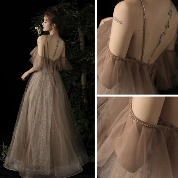 Élégant Champagne Robe De Soirée 2019 Princesse De l'épaule Bretelles Spaghetti Manches Courtes Perlage Glitter Tulle Longue Volants Dos Nu Robe De Ceremonie