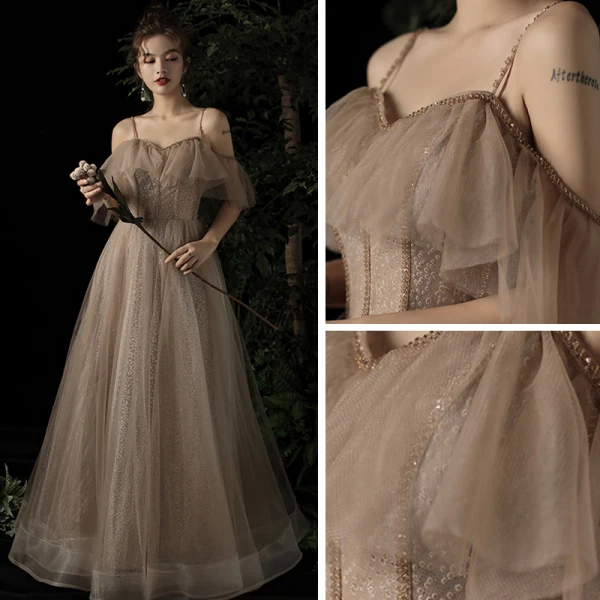 Élégant Champagne Robe De Soirée 2019 Princesse De l'épaule Bretelles Spaghetti Manches Courtes Perlage Glitter Tulle Longue Volants Dos Nu Robe De Ceremonie