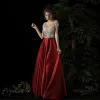 Best Red Satin Evening Dresses  2019 A-Line / Princess V-Neck Sleeveless Beading Floor-Length / Long Ruffle Backless Formal Dresses
