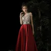 Best Red Satin Evening Dresses  2019 A-Line / Princess V-Neck Sleeveless Beading Floor-Length / Long Ruffle Backless Formal Dresses