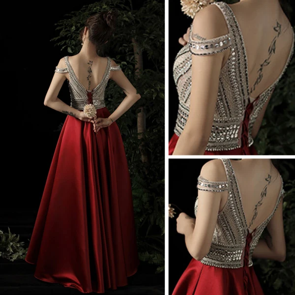 Meilleur Rouge Satin Robe De Soirée 2019 Princesse V-Cou Sans Manches Perlage Longue Volants Dos Nu Robe De Ceremonie