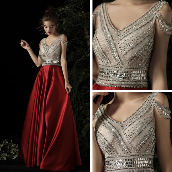 Meilleur Rouge Satin Robe De Soirée 2019 Princesse V-Cou Sans Manches Perlage Longue Volants Dos Nu Robe De Ceremonie