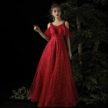 Chic Belle Bordeaux Robe De Soirée 2019 Princesse Encolure Dégagée Manches Courtes Glitter Tulle Longue Volants Dos Nu Robe De Ceremonie