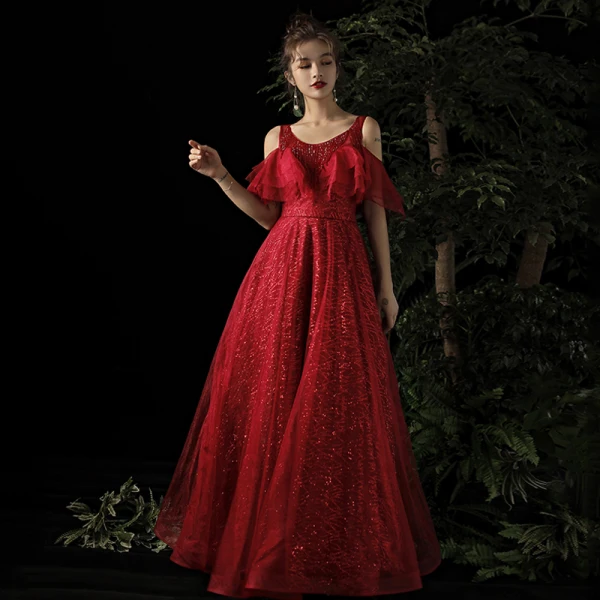 Chic / Belle Bordeaux Robe De Soirée 2019 Princesse Encolure Dégagée Manches Courtes Glitter Tulle Longue Volants Dos Nu Robe De Ceremonie