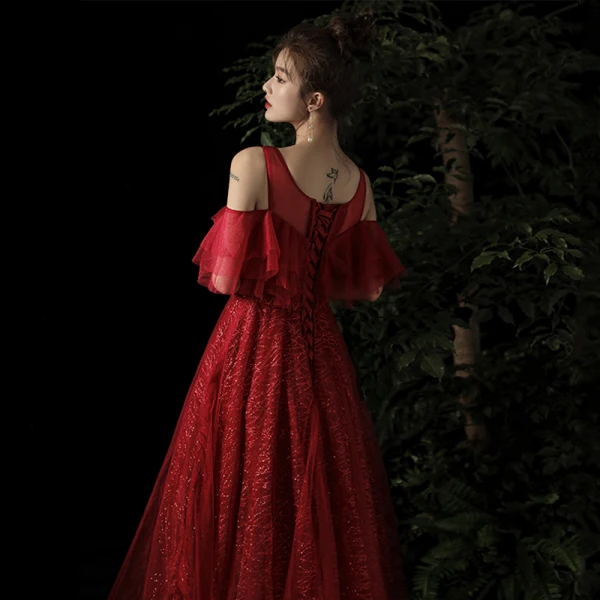 Chic / Belle Bordeaux Robe De Soirée 2019 Princesse Encolure Dégagée Manches Courtes Glitter Tulle Longue Volants Dos Nu Robe De Ceremonie