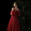 Chic / Beautiful Burgundy Evening Dresses  2019 A-Line / Princess Scoop Neck Short Sleeve Glitter Tulle Floor-Length / Long Ruffle Backless Formal Dresses