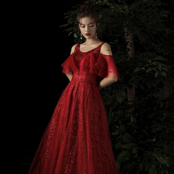 Chic / Belle Bordeaux Robe De Soirée 2019 Princesse Encolure Dégagée Manches Courtes Glitter Tulle Longue Volants Dos Nu Robe De Ceremonie