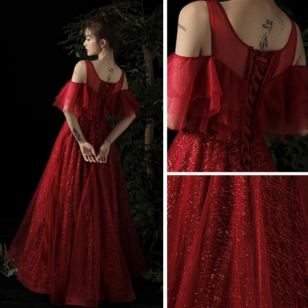 Chic / Belle Bordeaux Robe De Soirée 2019 Princesse Encolure Dégagée Manches Courtes Glitter Tulle Longue Volants Dos Nu Robe De Ceremonie