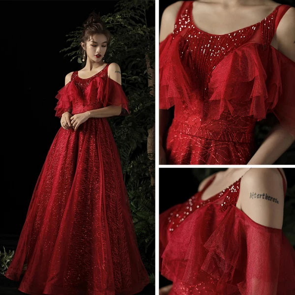 Chic / Belle Bordeaux Robe De Soirée 2019 Princesse Encolure Dégagée Manches Courtes Glitter Tulle Longue Volants Dos Nu Robe De Ceremonie