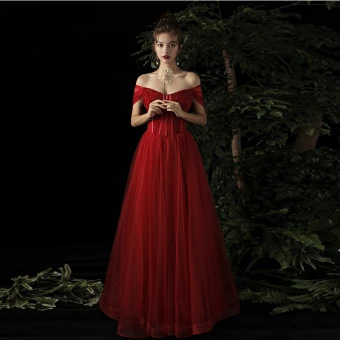 Élégant Bordeaux Robe De Soirée 2019 Princesse De L 039 Épaule Manches Courtes Perlage Longue Volants Dos Nu Robe De Ceremonie