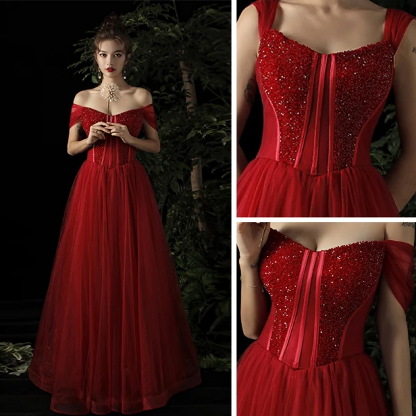 Élégant Bordeaux Robe De Soirée 2019 Princesse De l'épaule Manches Courtes Perlage Longue Volants Dos Nu Robe De Ceremonie