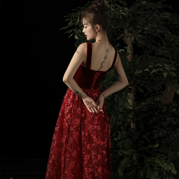 Chic / Belle Bordeaux Daim Robe De Soirée 2019 Princesse épaules Sans Manches Glitter Appliques En Dentelle Longue Dos Nu Robe De Ceremonie