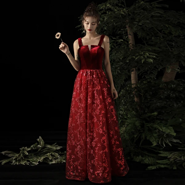 Chic / Belle Bordeaux Daim Robe De Soirée 2019 Princesse épaules Sans Manches Glitter Appliques En Dentelle Longue Dos Nu Robe De Ceremonie