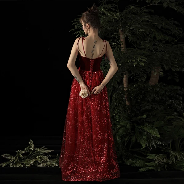 Chic / Belle Bordeaux Robe De Soirée 2019 Princesse Bretelles Spaghetti Sans Manches Glitter Paillettes Tulle Longue Dos Nu Robe De Ceremonie