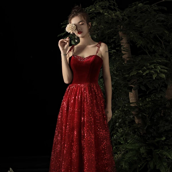 Chic / Belle Bordeaux Robe De Soirée 2019 Princesse Bretelles Spaghetti Sans Manches Glitter Paillettes Tulle Longue Dos Nu Robe De Ceremonie